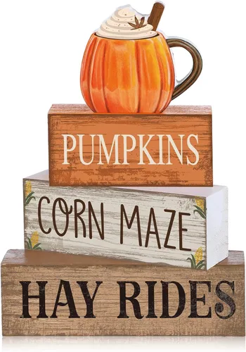 Miniatura 54 de Lineshading 4 piezas de decoración de mesa de Halloween espeluznante café apilado, decoración de bloques apilados de madera, letreros con tapa