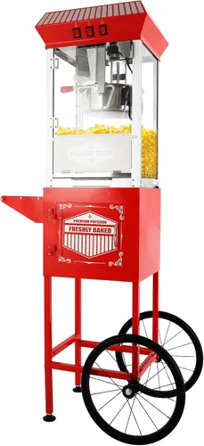 Máquina comercial de palomitas de maíz con carrito y hervidor de 12 onzas, estilo vintage con ruedas de vidrio templado, plataforma de Rojo