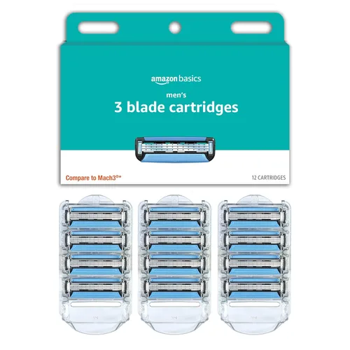Amazon Basics - Recambios de maquinilla de afeitar de 3 cuchillas para hombre con lubricación dual, 12 cartuchos (solo para asas de afeitadora