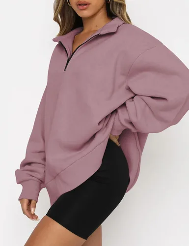 Miniatura 2 de EFAN Sudadera de gran tamaño con media cremallera para mujer, sudadera de manga larga con cremallera de un cuarto, sudadera moderna con capucha