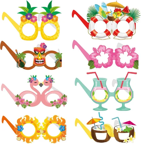OURUOLA Decoraciones hawaianas de verano para fiestas en la piscina, gafas de sol divertidas - 16pcs gafas tropicales Aloha flamingo, decoración de