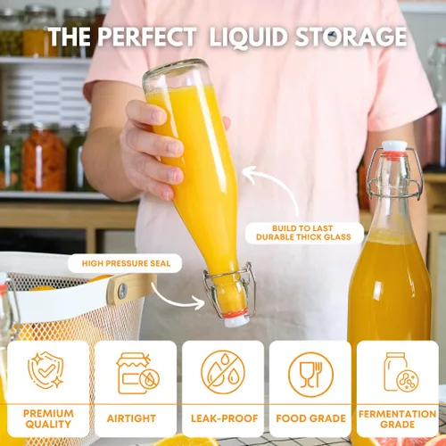 Miniatura 6 de FastRack Botellas de vidrio con tapa oscilante, 33 onzas, paquete de 8, botellas de vidrio transparentes con tapa abatible para elaboración casera