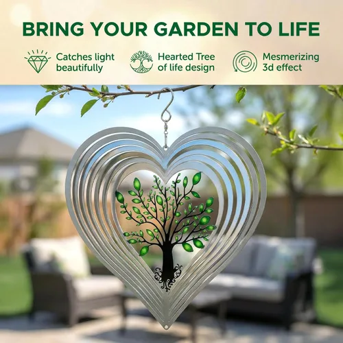 Miniatura 4 de ISEO Molinillo de viento de corazón plateado para patio y jardín, decoración colgante al aire libre, decoraciones de porche y patio, resistente a