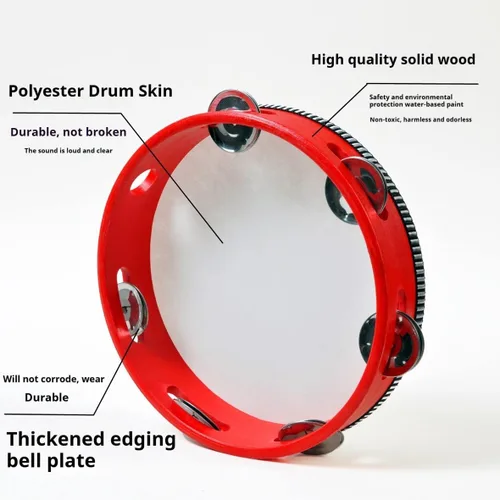 Miniatura 4 de Tambor de pandereta de mano, tambor de mano de 8 pulgadas, jingles de metal de abedul, regalo de percusión, instrumento educativo musical, fiesta
