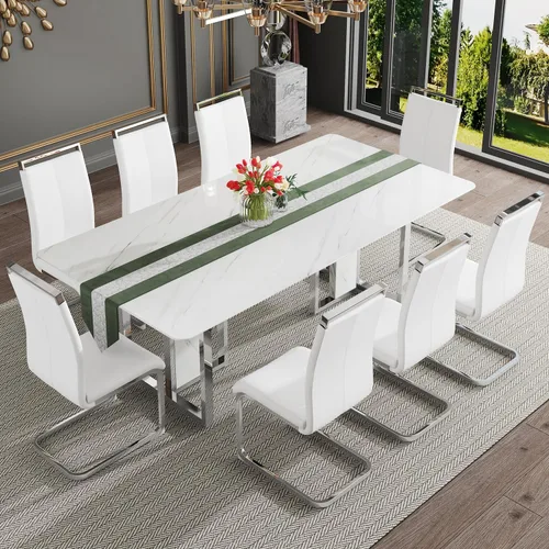 Miniatura 12 de Juego de mesa de comedor moderno de 67 pulgadas para 6, juego de mesa de cocina blanca, juego de mesa de comedor de lujo con mesa de mármol