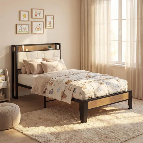 Miniatura 9 de LIKIMIO Base de cama individual, cabecera de almacenamiento con estación de carga, sólida y estable, sin ruido, no necesita somier, fácil montaje