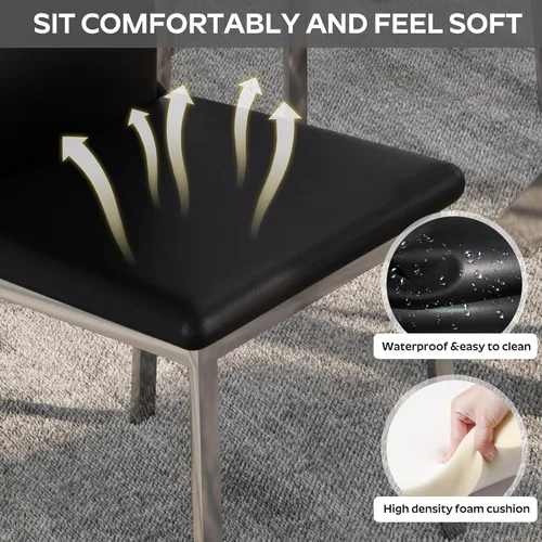 Miniatura 5 de Juego de 6 sillas modernas de comedor - Piel sintética negra con patas de metal cromado plateado, diseño de respaldo alto curvo y acolchado tipo