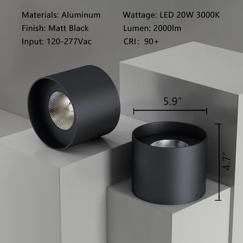 Miniatura 2 de Lámpara de techo de montaje empotrado, 20 W LED regulable 5.9 pulgadas, lámpara de techo cilíndrica de aluminio rústico negro para vestíbulo, Blanco