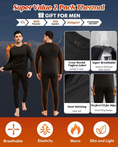 Miniatura 2 de CL convallaria Paquete de 2 ropa interior térmica para hombre, conjunto de capa base con forro polar, parte inferior de invierno, 2XS-6XL