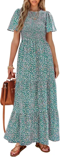 Miniatura 10 de PRETTYGARDEN - Vestido largo casual de verano para mujer, manga corta acampanada, bohemio, floral, cuello redondo, vestido blusón, escalonado