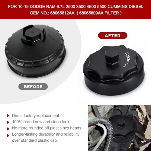 Miniatura 5 de PTNHZ Cubierta de tapa de carcasa de cartucho de filtro de combustible de aluminio 68065612AA Reemplazo para Dodge Ram 2500 3500 4500 5500 6.7L Negro