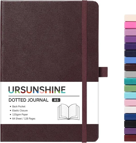 Miniatura 21 de Cuaderno punteado, diario, 5.3 x 8.26 pulgadas, tapa dura, prémium, papel grueso, doble espiral, bandas, cuero negro sintético, lazo para bolígrafo
