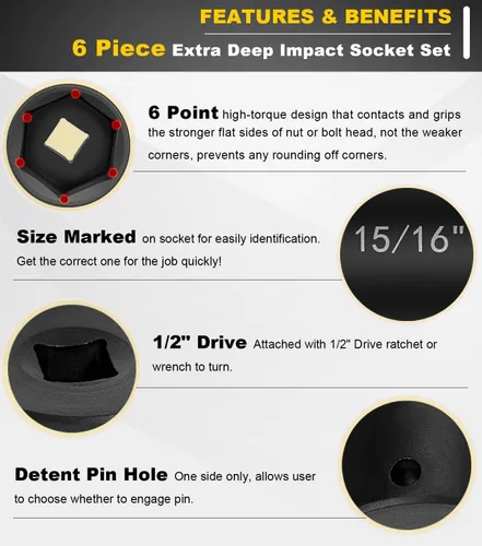 Miniatura 4 de Juego de dados de impacto de longitud extendida de 1/2 pulgada, juego de 6 piezas de llaves de impacto extra profundas, tamaño hexagonal de 3/4