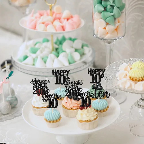 Miniatura 4 de Paquete de 30 adornos para cupcakes de 10º cumpleaños con purpurina recta hacia fuera de 2016, Happy 10th Ten Awesome Since 2016, 10 fabulosas