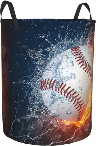 Miniatura 8 de Balón de béisbol deportivo en fuego y agua, cesta redonda para lavandería, cesta de almacenamiento, juguetes, organizador de ropa, contenedor