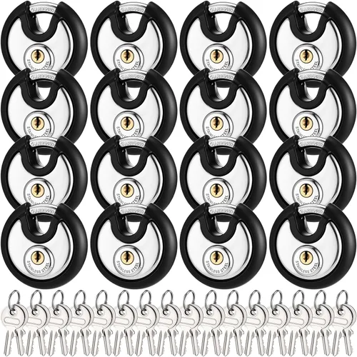 Chumia Paquete de 16 candados con igual llave, acero inoxidable de 2-3/4 de ancho, cerraduras de disco de grillete de 3/8 para exteriores, unidades
