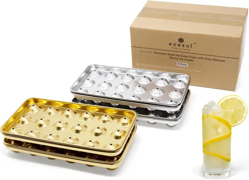 Bandejas para cubitos de hielo de acero inoxidable, paquete de 4 con 72 ranuras redondas para cubitos de hielo, fácil liberación, sin plástico, cero