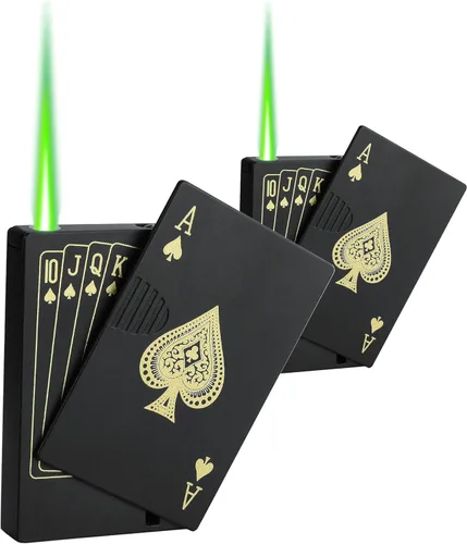 Miniatura 7 de Encendedor de antorcha de chorro, Ace Card Green Flame Lighter, diseño de póker de metal, resistente al viento, recargable, butano, encendedor