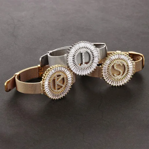 Miniatura 4 de Pulsera de acero inoxidable para mujer, con 26 letras del alfabeto, pulsera con hebilla de cinturón