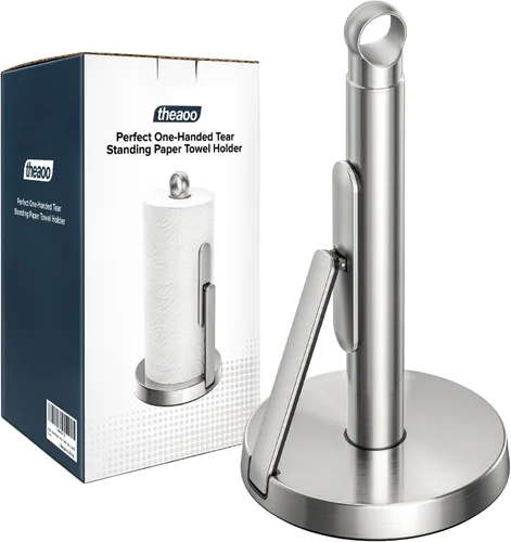 Miniatura 11 de theaoo Toallero de papel de acero inoxidable resistente con brazo de tensión, fácil de rasgar con una sola mano, moderno dispensador de encimera