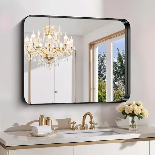 FORBATH Espejo de baño de 30 x 36 pulgadas, espejo de pared de marco profundo negro cepillado con esquinas redondeadas, vidrio templado antióxido