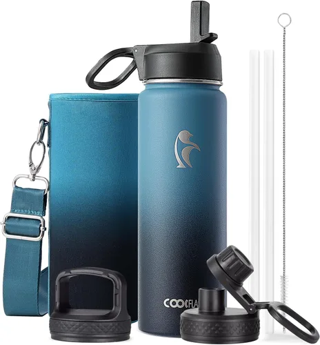 Miniatura 112 de Coolflask Botella de agua de 20 onzas aislada con pajilla, 3 tapas de metal de acero inoxidable, botella de agua de boca ancha para deportes u