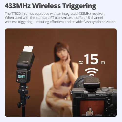 Miniatura 3 de GODOX TT520 III Flash de cámara Speedlite, receptor integrado y transmisor RT, modos S1/S2, 8 niveles de potencia, compatible con cámaras Canon