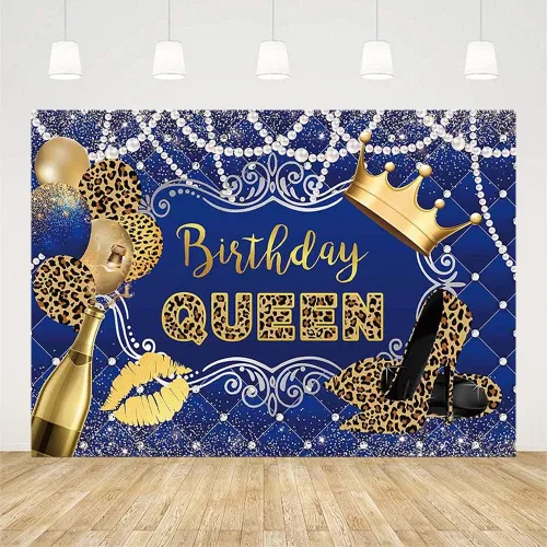 Miniatura 2 de AIBIIN Telón de fondo de cumpleaños de 7 x 5 pies para mujer, niña, leopardo, azul rey y oro, corona de globos, champán, fondo de fotografía