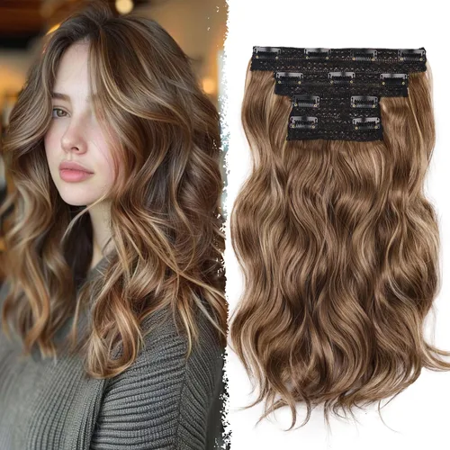 Miniatura 11 de 4 extensiones de cabello sintético con clip, extensiones de cabello rizado de 20 pulgadas de largo con clip (color: marrón medio)
