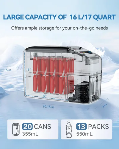Miniatura 2 de Refrigerador portátil para automóvil, refrigerador de 12 voltios, diseño delgado, 0℉ ~ 50℉, enfriador eléctrico de 17 cuartos (16 L), enfriador