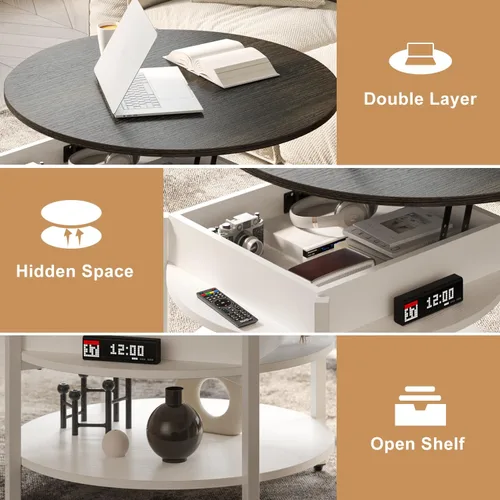 Miniatura 5 de FABATO Mesa de Centro Redonda con Tapa Elevable con Almacenamiento y Compartimento Oculto, 26.77'' Mesa de Centro Estilo Granja para Sala de Estar