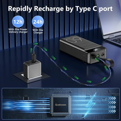 Miniatura 8 de LQHUE Power Bank 60000mAh 22.5W Cargador portátil de carga rápida con linterna, 4 salidas y 3 entradas pantalla LED, gran capacidad, batería externa