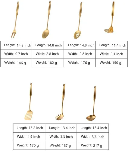 Miniatura 2 de Juego de utensilios de cocina de mango redondo, 7 piezas, acero inoxidable 304 chapado en titanio dorado con tenedor/cuchara pública, trituradores