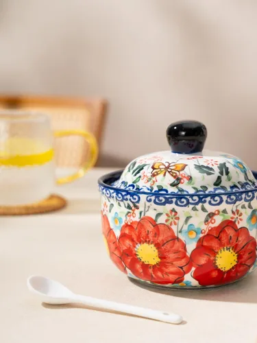 Miniatura 8 de silesia Azucarero hecho a mano con tapa y cuchara, tarro de azúcar de cerámica pintado a mano de 10 onzas para cocina en caja de regalo, decoración