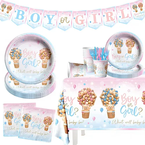 Baby Bear - Vajilla de revelación de género, 122 piezas, platos y servilletas, tazas, mantel de oso para niños o niñas, suministros de fiesta