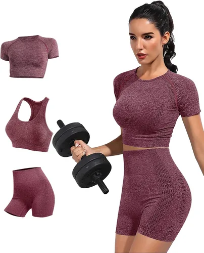 Conjunto deportivo de 3 piezas para mujer, sin costuras, de manga corta, brasier deportivo, cintura alta, pantalones cortos de yoga