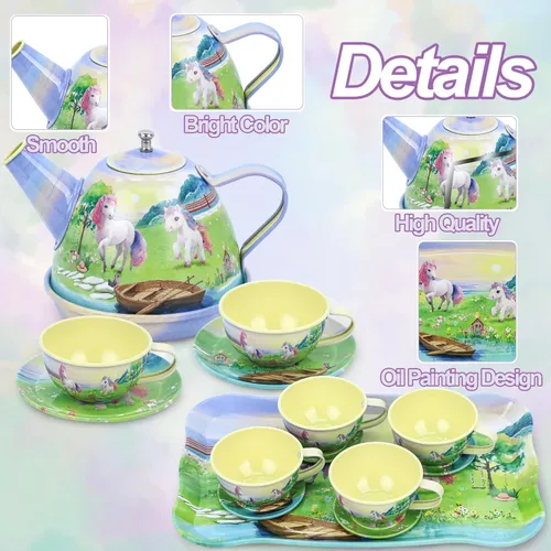Miniatura 6 de Juego de fiesta de té para niñas pequeñas, 50 piezas, princesa, caballo, tiempo de té, juguete que incluye golosinas para jugar, bandeja de tetera