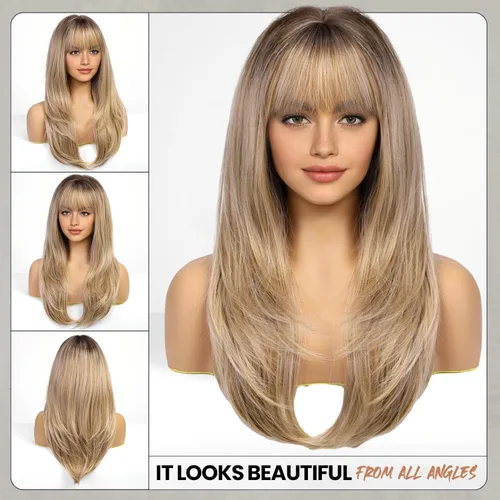 Miniatura 2 de EMMOR Peluca rubia con flequillo para mujer, pelucas largas y lacias, peinado sintético en capas para niñas, fiesta, cosplay y uso diario