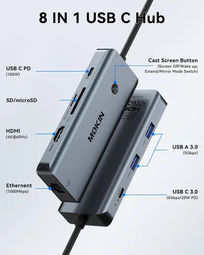 Miniatura 2 de Hub USB C para MacBook Pro/Air, Mac Dongle con 3 puertos USB, USB C a HDMI, USB C a RJ45 Ethernet, MOKiN 8 en 1 USB C a HDMI, carga PD de 100 W