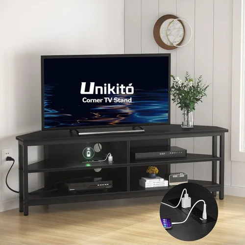 Unikito Soporte esquinero de TV con toma de corriente, mesa de esquina para centro de entretenimiento con 4 estantes abiertos, mueble de TV