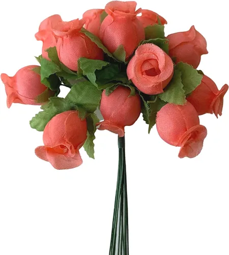 GiftWrap Etc. Rosas artificiales de seda coral – 12 mini ramos de 12 capullos de rosa, 144 capullos de rosa en total, boda, recepción, aniversario,