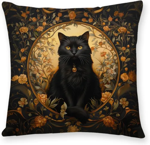 YOU FOUND ME William Morris - Funda de almohada con diseño abstracto de gato negro vintage, decoración del hogar, funda de cojín Art Deco para cama,