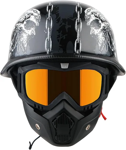 Miniatura 10 de 1Storm Casco de motocicleta de media cara estilo alemán aprobado por DOT: HKY602 Calavera de bandera dorada