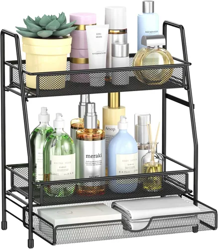 Miniatura 10 de Organizador de baño con canasta, bandeja de baño de 2 niveles para estante de almacenamiento de encimera, organizador de encimera de baño, Negro