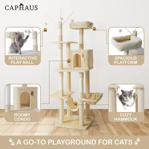 Miniatura 3 de CAPHAUS Torre de escalada alta moderna para juego en interiores para gatos grandes y gatitos, de 70 pulgadas con percha superior, casa cueva