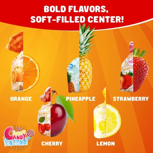 Miniatura 3 de Caramelo duro relleno de frutas 1.5 libras aproximadamente 90 piezas Bonos de frutas surtidos envueltos individualmente, naranja, limón, fresa