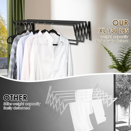 Miniatura 5 de XL-31.5'' Tendedero de Ropa Montado en la Pared, 130 lbs Gran Capacidad Antioxidante Retráctil Plegable Tendedero Fácil Instalación con 7 Varillas
