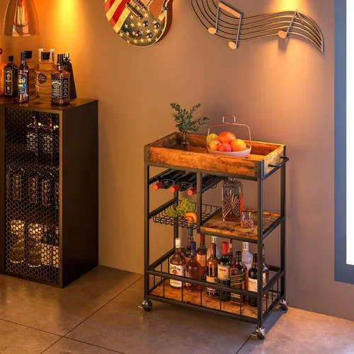 Miniatura 2 de Carro de bar con cesta de 3 niveles, carrito de vino móvil para el hogar con ruedas, carrito de servicio de cocina industrial estilo vintage
