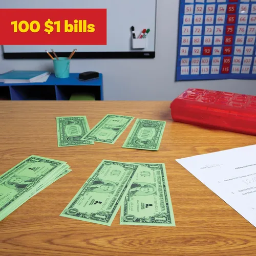 Miniatura 2 de LEARNING ADVANTAGE Billetes de juego de un dólar Juego de 100 Tamaño como efectivo real Dinero de juego para enseñar moneda y contar