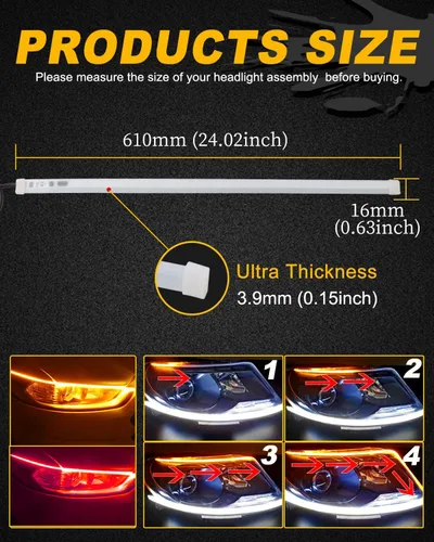 Miniatura 2 de Qasim Tira LED de Flujo Secuencial de 24 pulgadas Rojo+Amarillo Luces de Circulación Diurna 60cm Tira de Luz de Conducción Guía de Señal de Giro